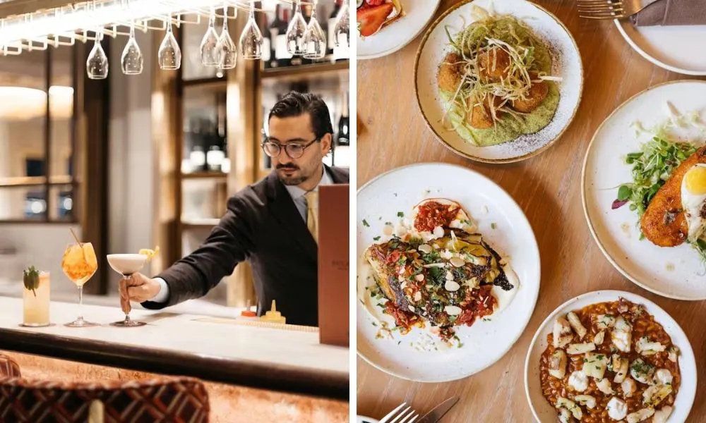 bartender serving a cocktail and array of mediterranean small plates