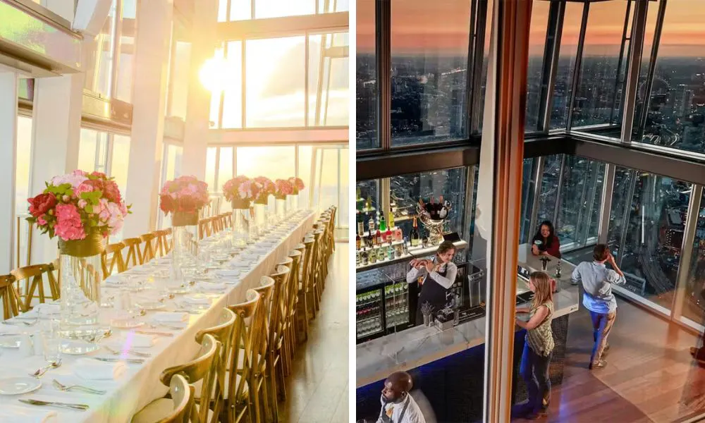 banquet-style table set up for a private dinner, and scenic views from inside The Shard