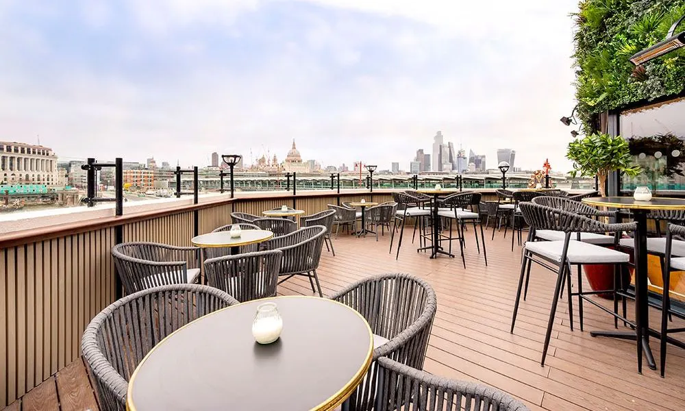 outdoor terrace at a restaurant with views of london skyline