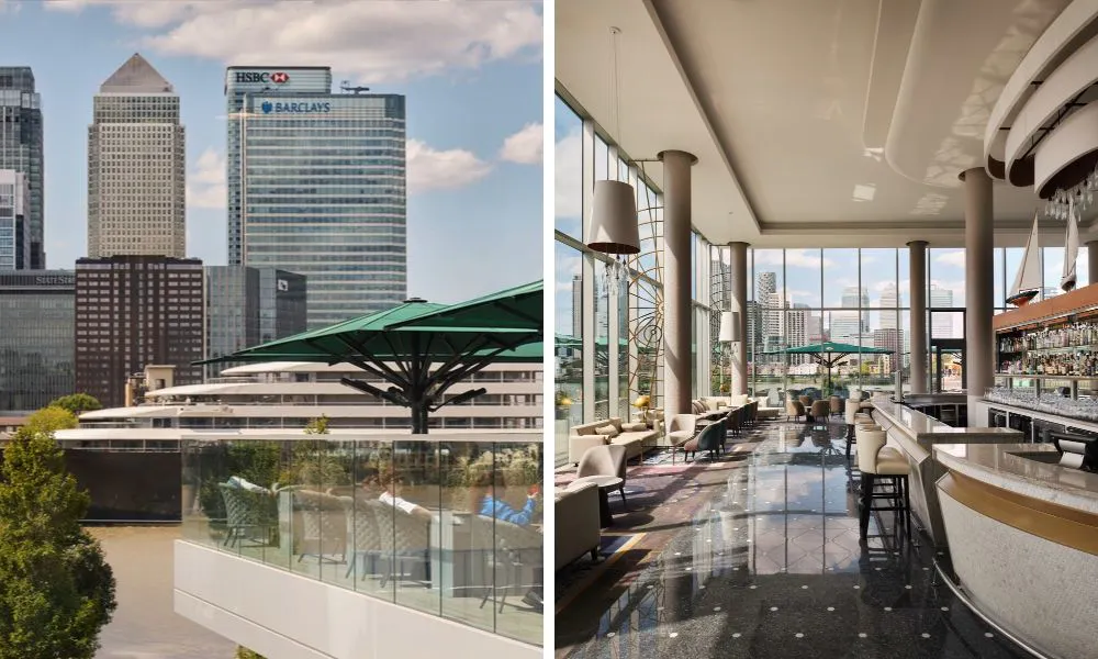 view of canary wharf from restaurant and large bar area with floor to ceiling windows