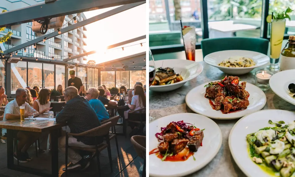 al fresco restaurant and plate of chicken wings