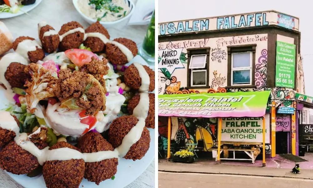 Pile of falafel and exterior of colourful cafe