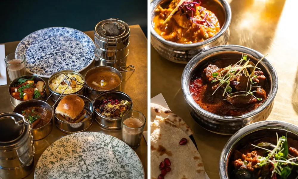 curries and dals in small metal bowls