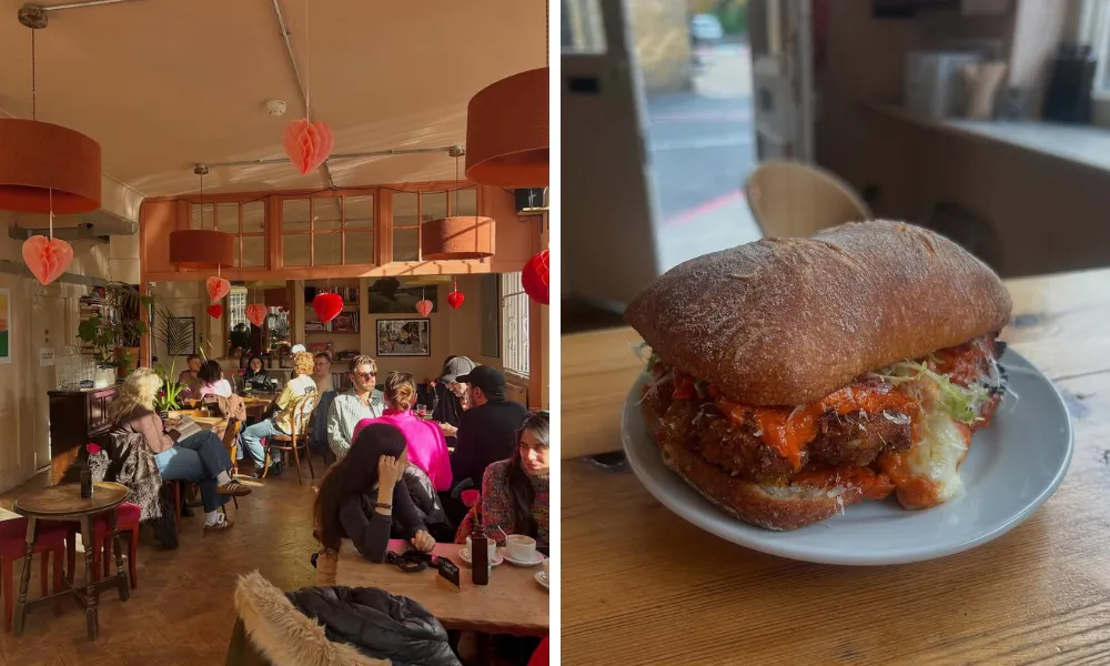 cafe interior with picture of chicken parm sandwich