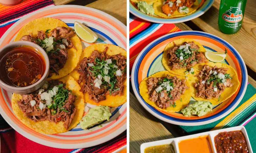 two plates of tacos one birria one carnitas