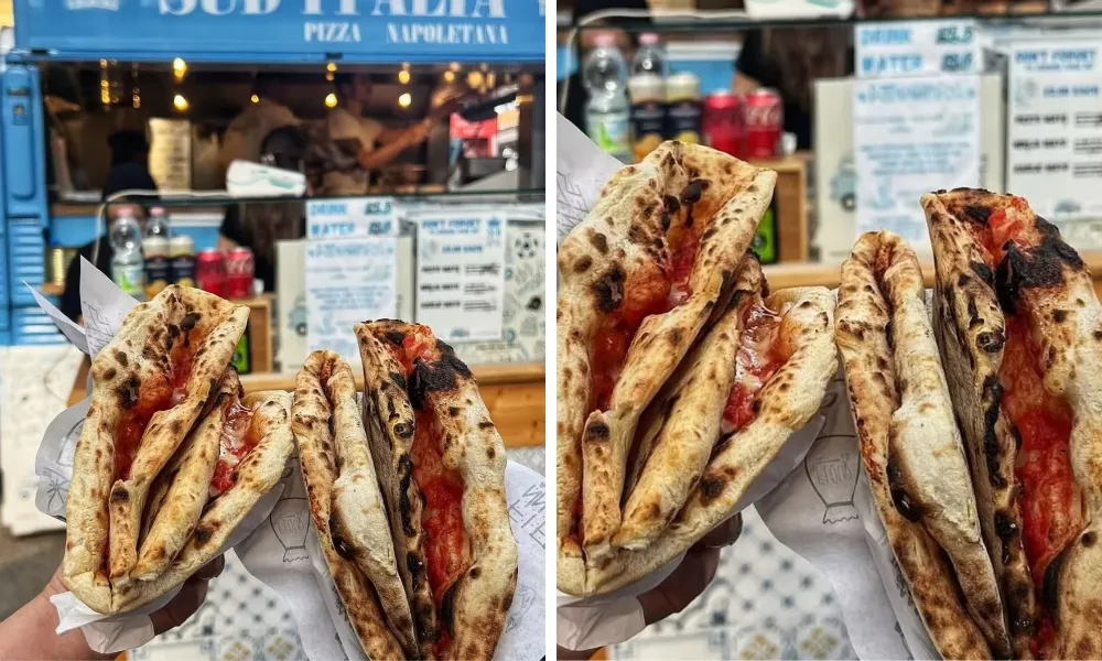 Folded pizza outside blue Sud Italia truck