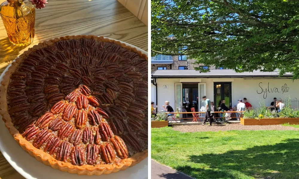 massive pecan pie and view of cafe frontage