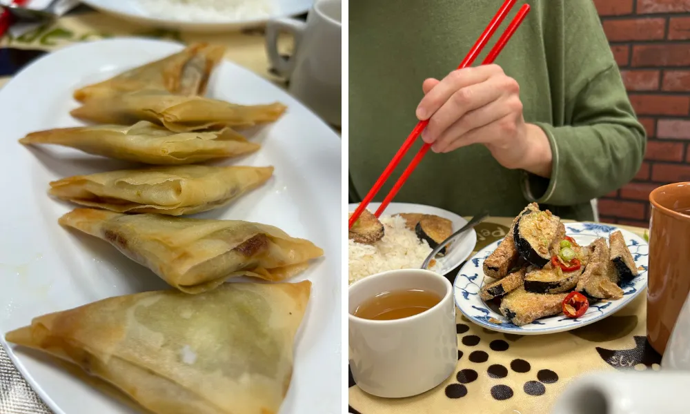 chinese samosa and crispy chilli aubergine 