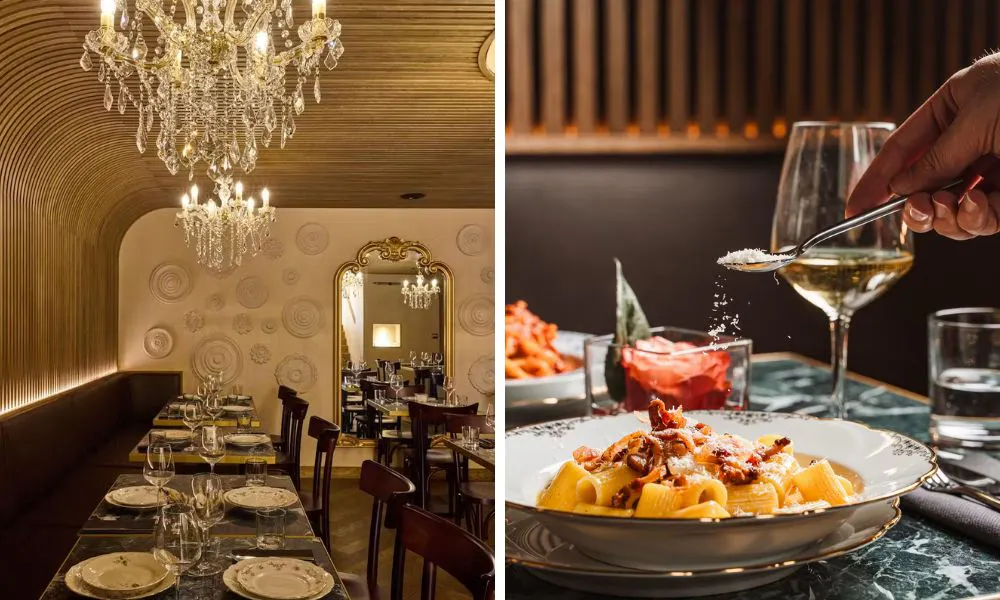 elegant restaurant interiors with chandeliers and a bowl of carbonara