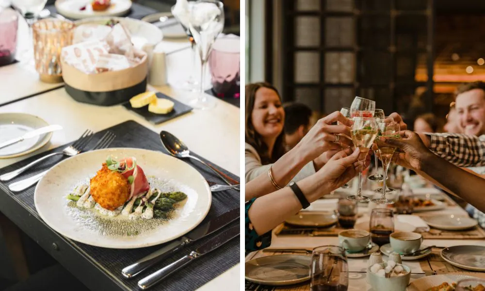 a table set up ready to eat, and a group cheering with glasses of Prosecco