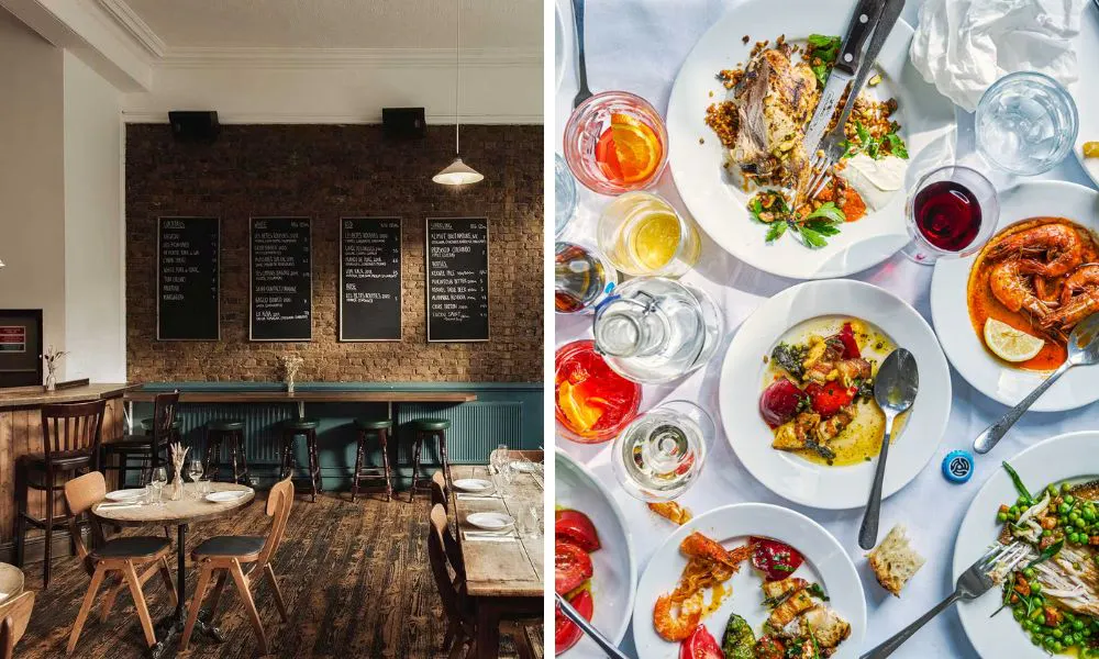 relaxed pub interiors and a selection of dishes and drinks on a table