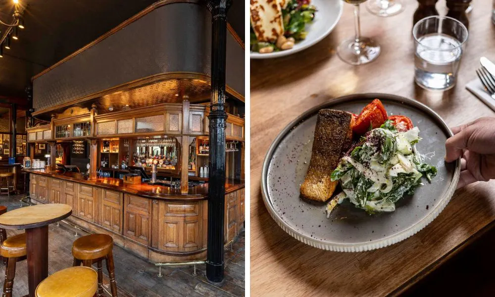 wood-panneled pub interiors and a plate of salmon