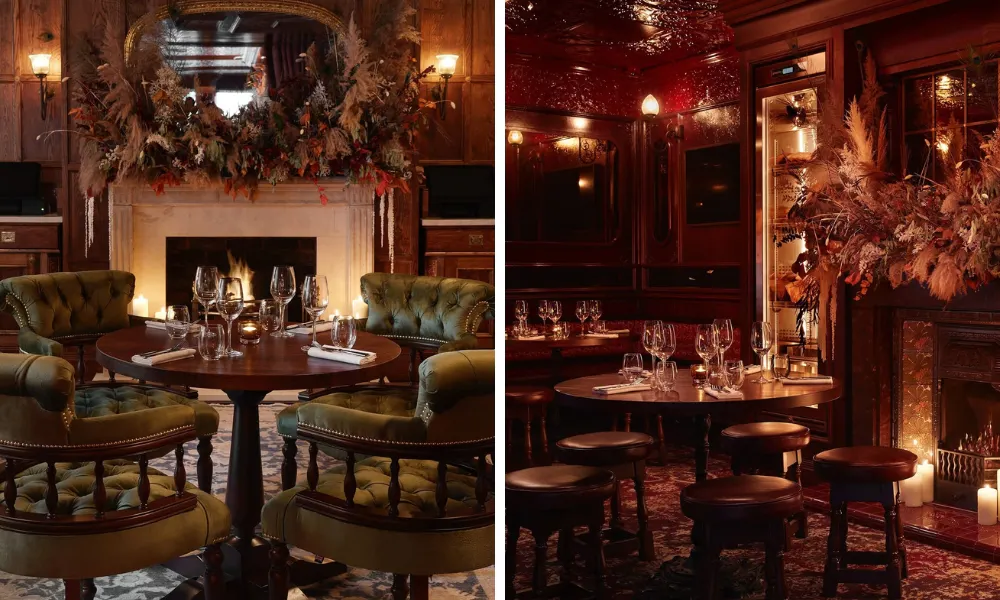 cosy upmarket pub with fire and floral interiors