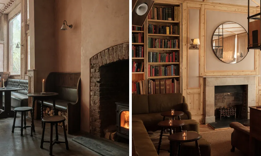Pub interior with fire, and upstairs listening bar