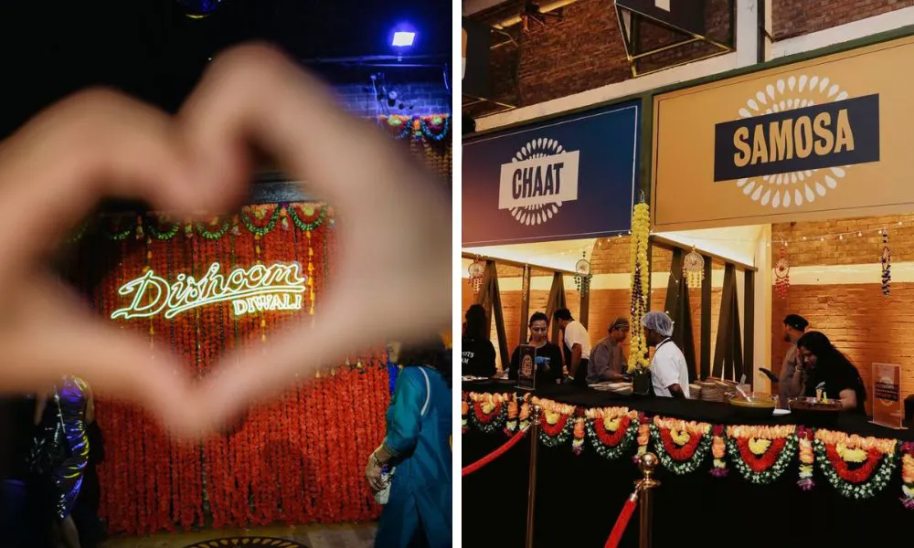 two hands making a heart and chaat and samosa stands