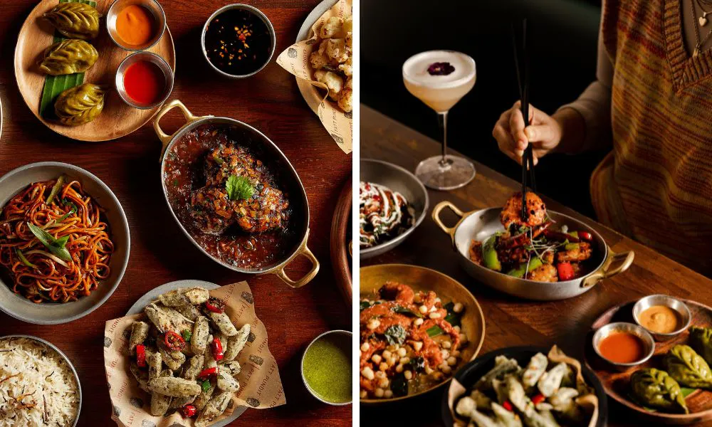 array of indian diwali dishes and diner using chopsticks