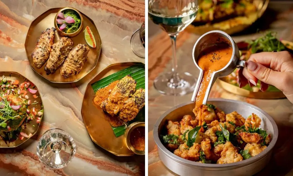 waiter pouring sauce over fried chicken and diwali dishes