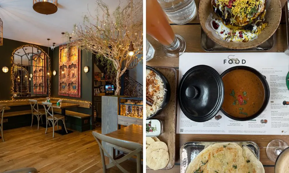 interiors of restaurant and black dahl with roti