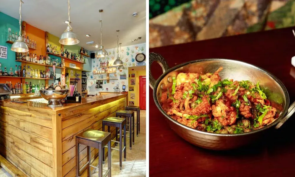 interiors of neighbourhood restaurant and crispy chicken bowl;