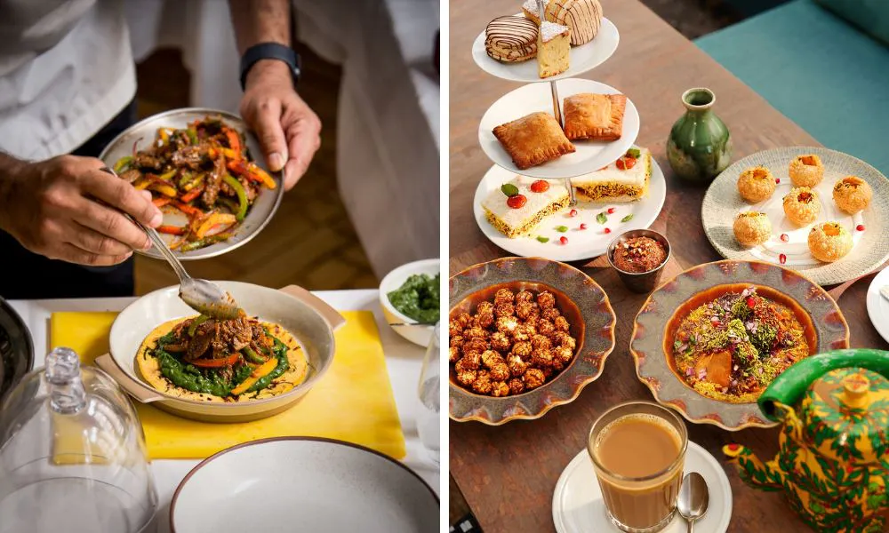 chef drizzling sauce over plate and selection of indian dishes