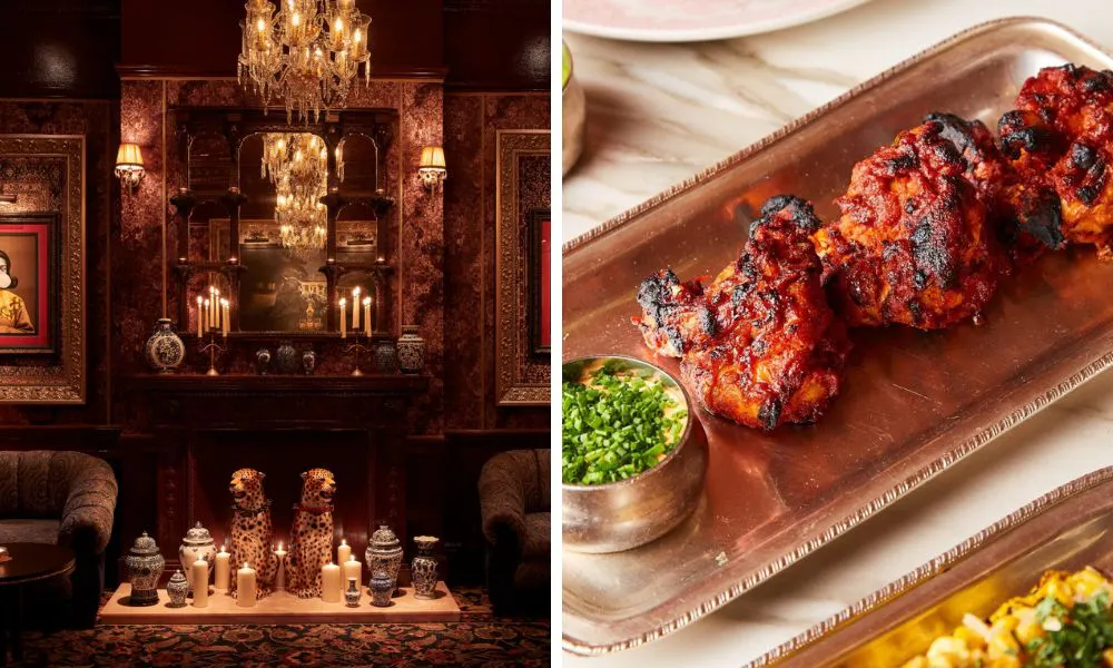 glamourous interiors with chandelier and close up of chicken tikka