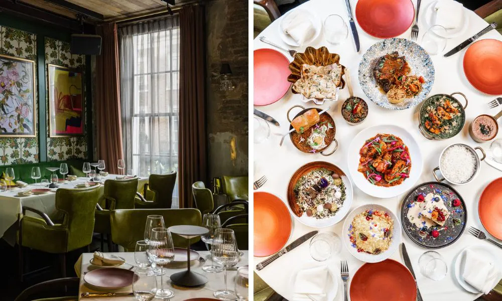 rustic green restaurant interiors and circle table with diwali menu dishes