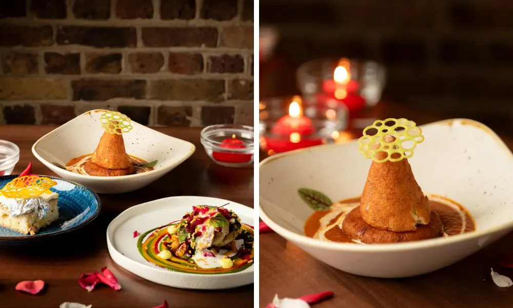 diwali tasting menu dishes with red candles burning in background
