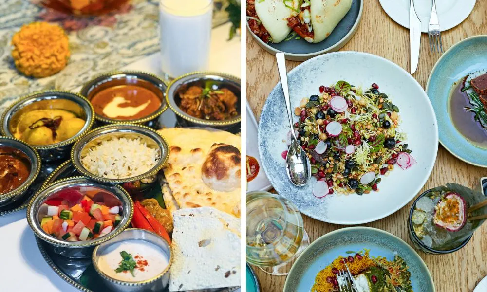 selection of indian curries and salads for diwali 