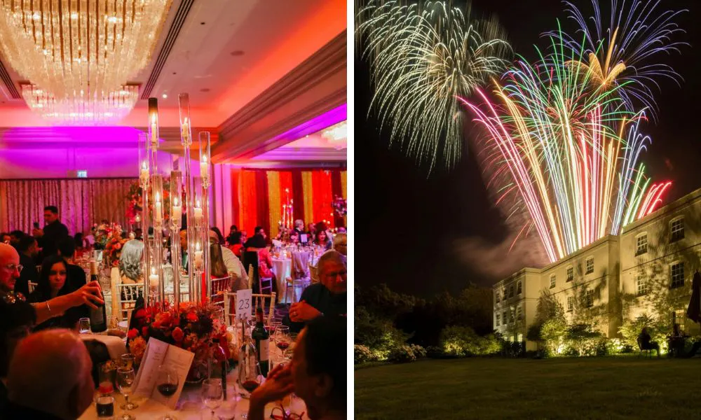guests at a diwali party and fireworks display