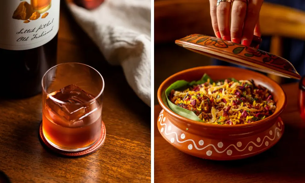 cocktail and waiter lifting lid off rice dish