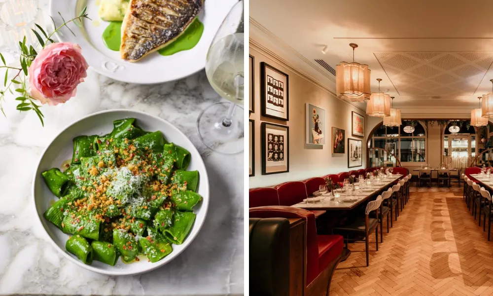 Bowl of green pasta and stylish dining room