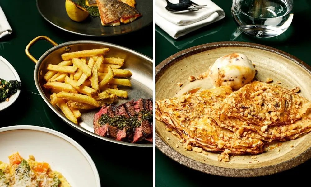 Steak, chips and pancakes