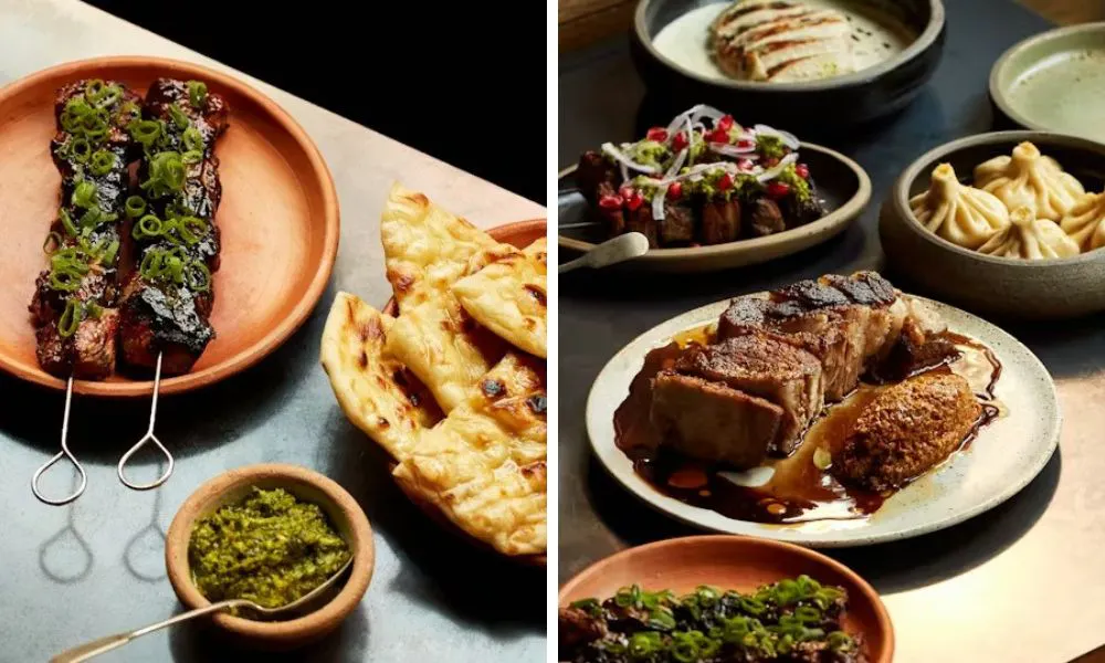 kekab skewers with flatbread and short rib with jus