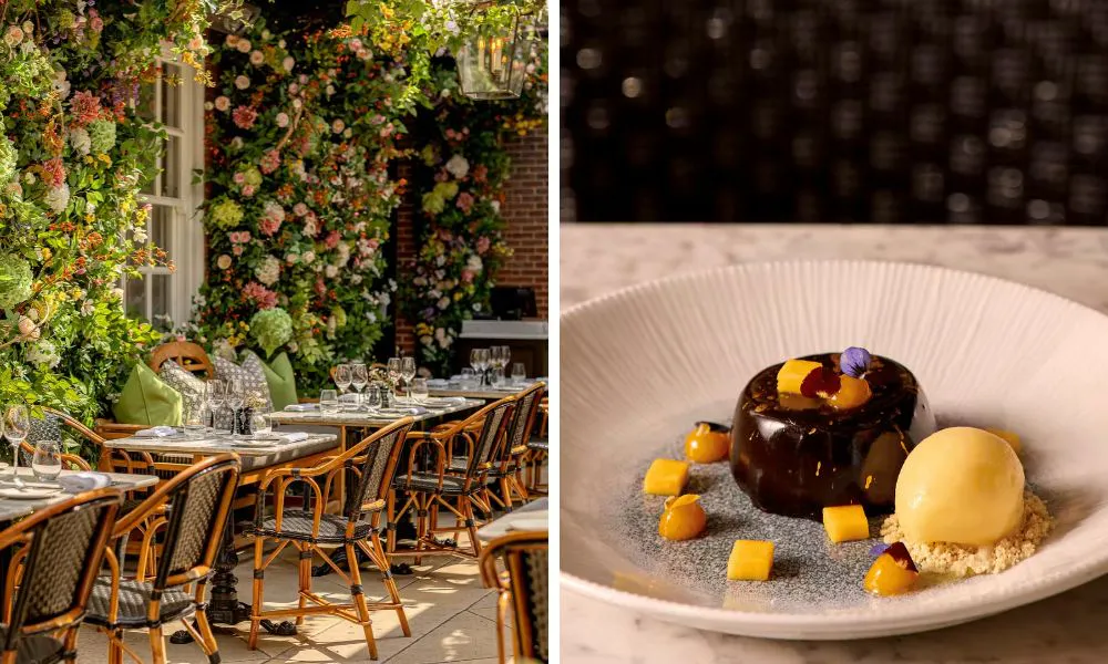 outdoor terrace with floral decorations and chocolate fondant with ice cream