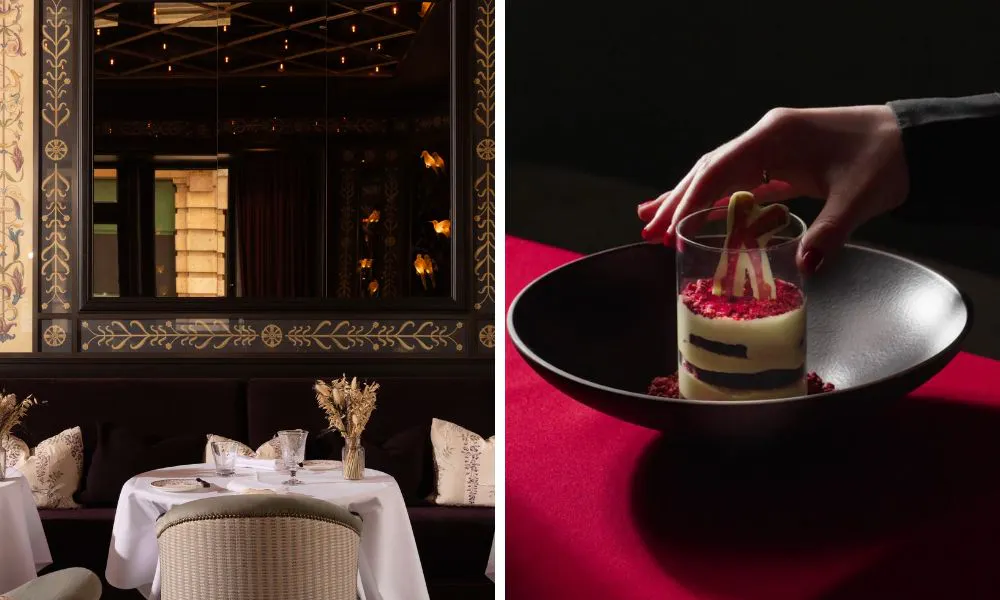 restaurant with big mirror and kinky boots themed dessert