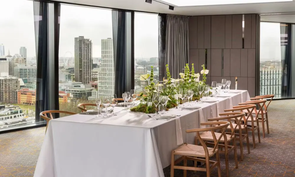 sleek private dining room with view of shoreditch