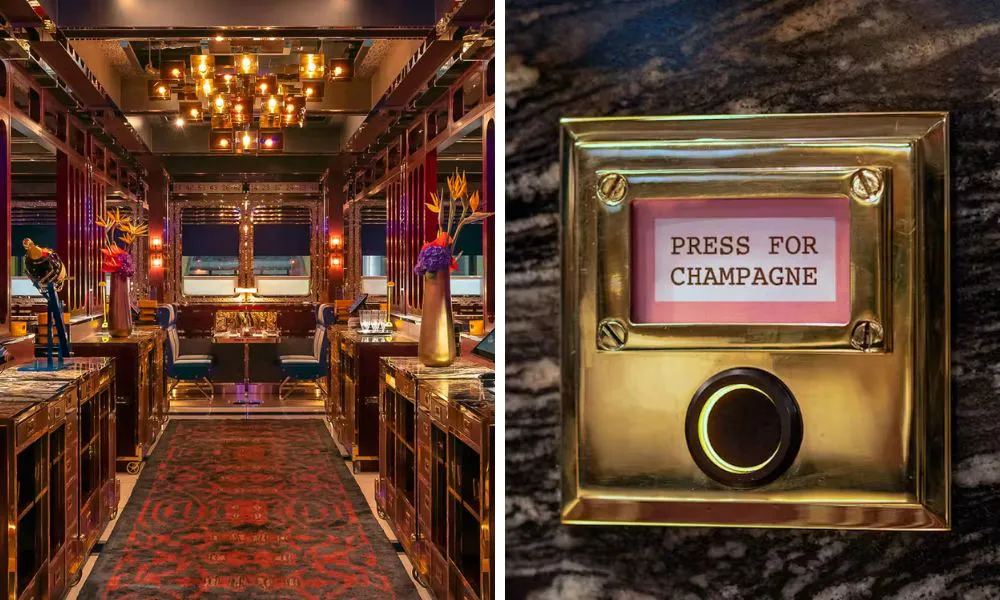 glamorous dining at Bob Bob Ricard, and its press for Champagne buttons