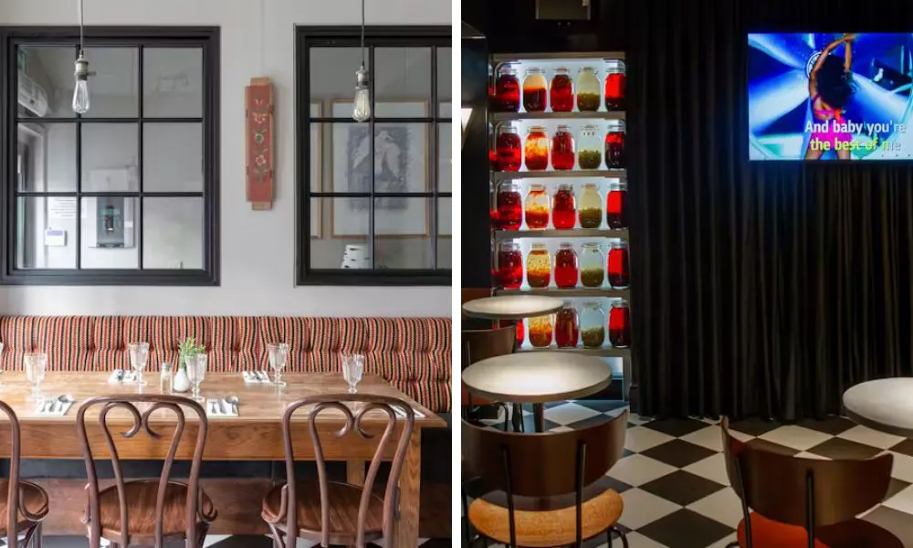 karaoke private dining room with checkerboard flooring