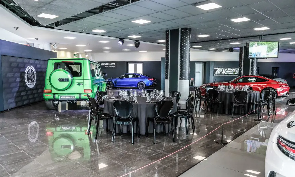 bistro lounge with race track visible through window