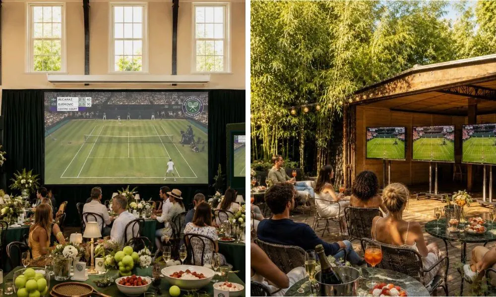 fans watching the wimbledon match in a gallery space
