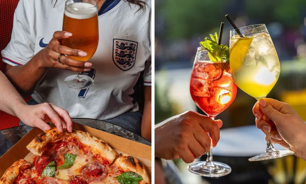 england fan enjoying a pizza and spritzes in the sun