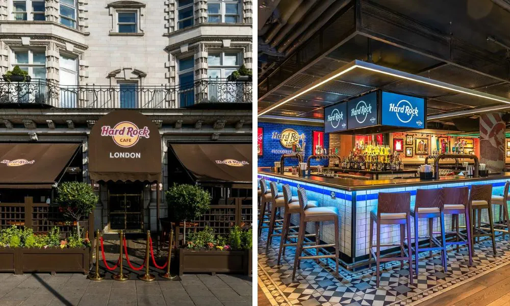 entrance to hard rock cafe london and bar area with high stools