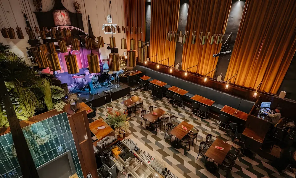 Church cocktail bar wtih a stage