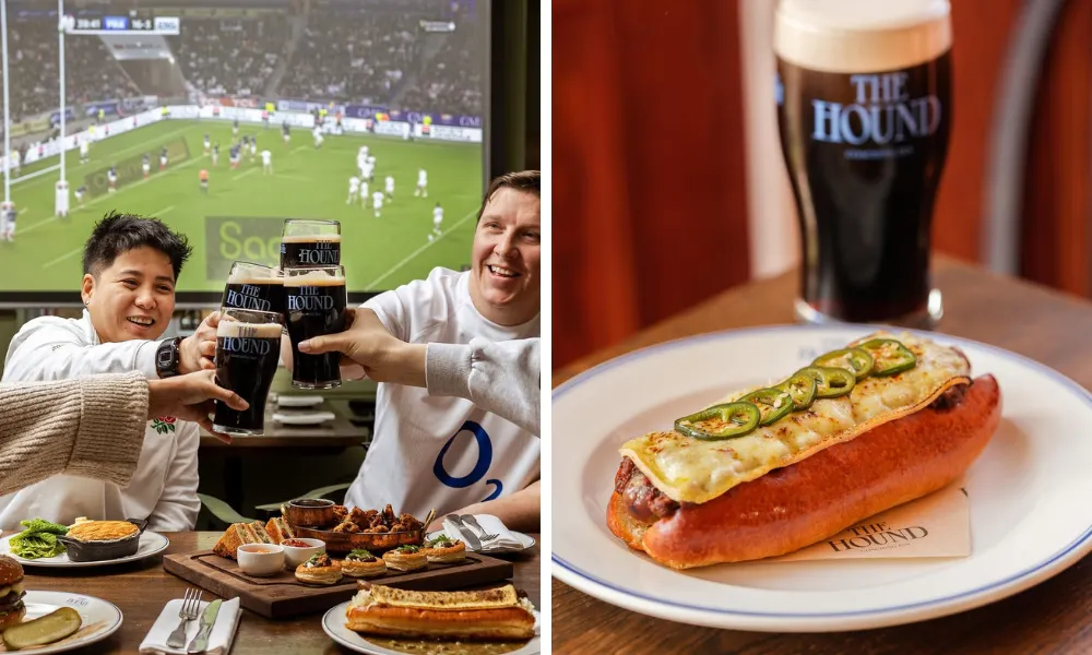 pints of guinness and hot dogs at the Hound