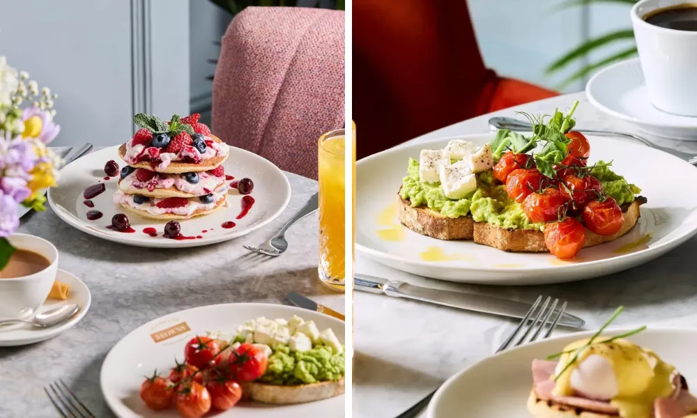 berry and cream pancakes and avocado toast