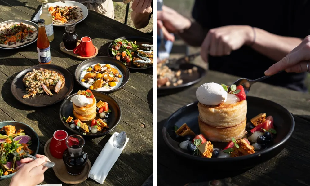 table with brunch plates and fluffy pancakes
