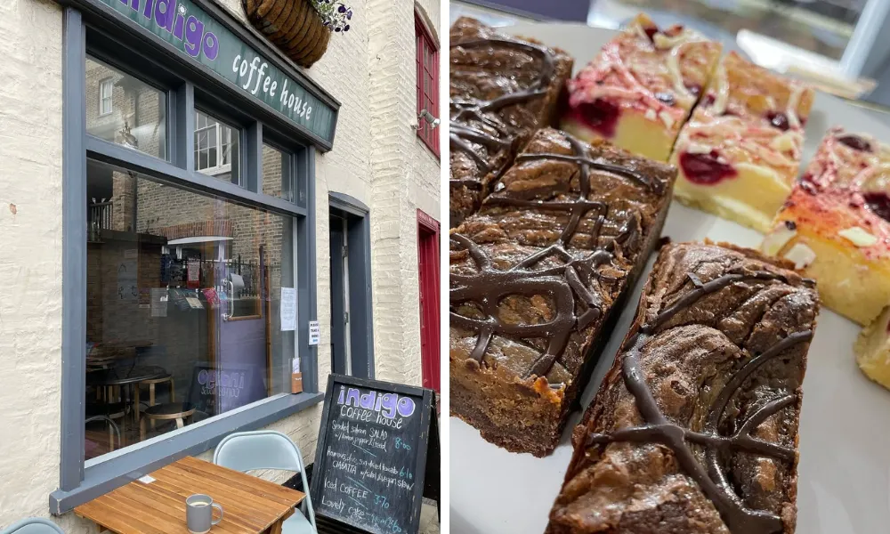 tray of brownies and coffee shop sign on chalkboard