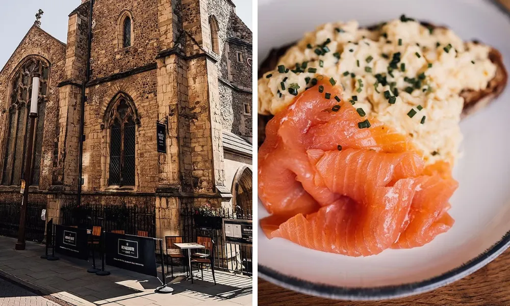 Church cafe and plate of smoked salmon and eggs