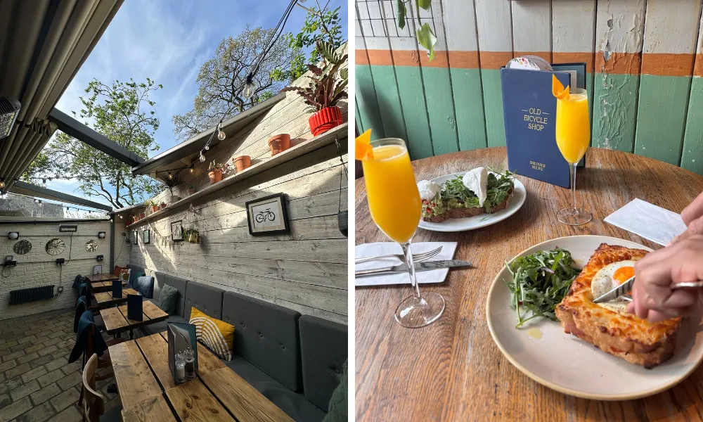 cafe garden and mimosas with fried eggs
