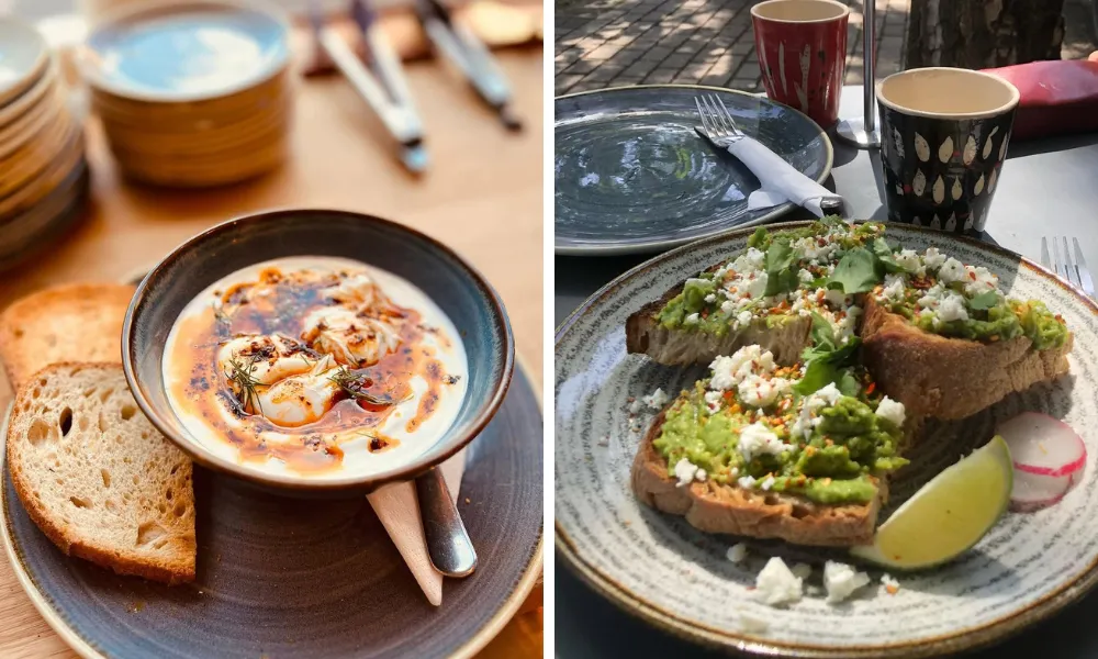 turkish eggs and toast with avocado and feta